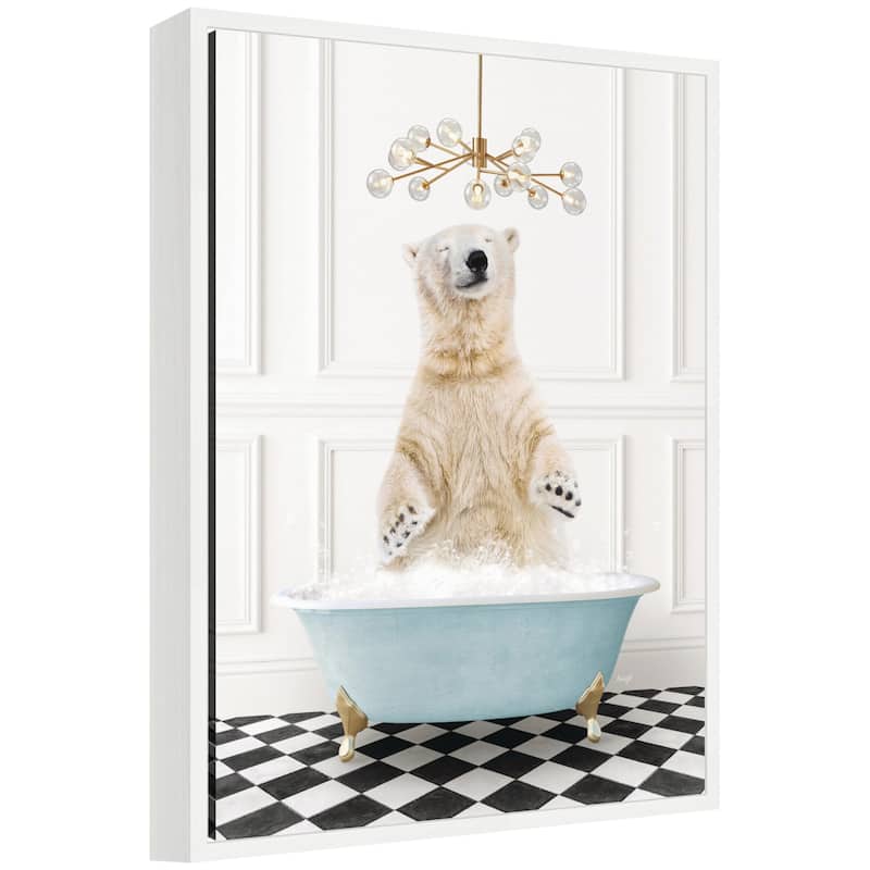 Kate and Laurel Sylvie Polar Bear in Blue Bathtub on Checker Floor Framed Canvas by Amy Peterson - White