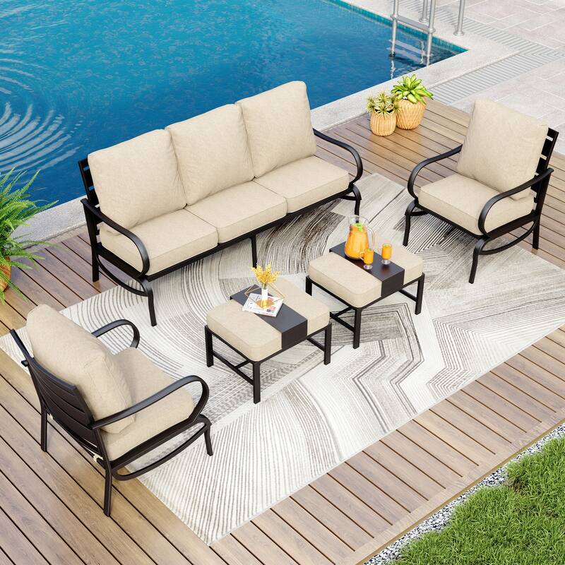 MAISON ARTS 5/7/9-Seat Patio Conversation Set, Outdoor Sofa Set with Single Sofa Chairs, 3-Seater Sofa, Ottoman and Coffee Table - 5-Piece - Set 1-Fixed Chairs with Ottoman