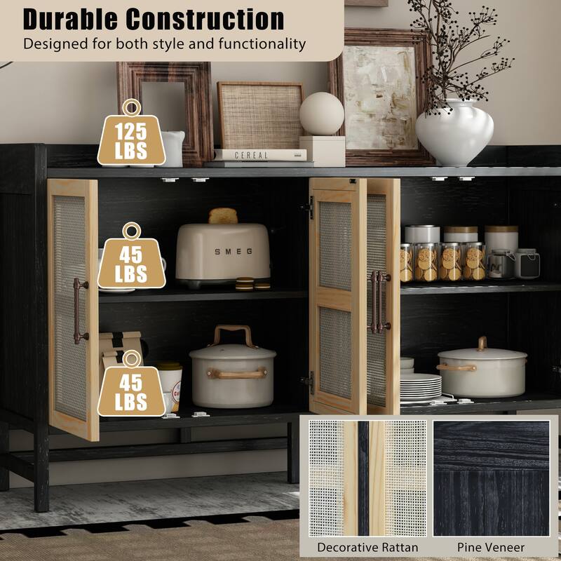 4 Doors Rattan Accent Storage Cabinet Buffet Cabinet, Solid Pine Legs