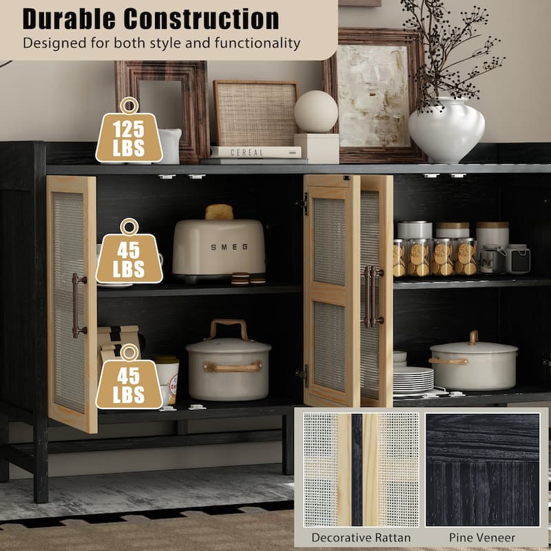 Rustic Sideboard Buffet Cabinet with Decorative Rattan Doors