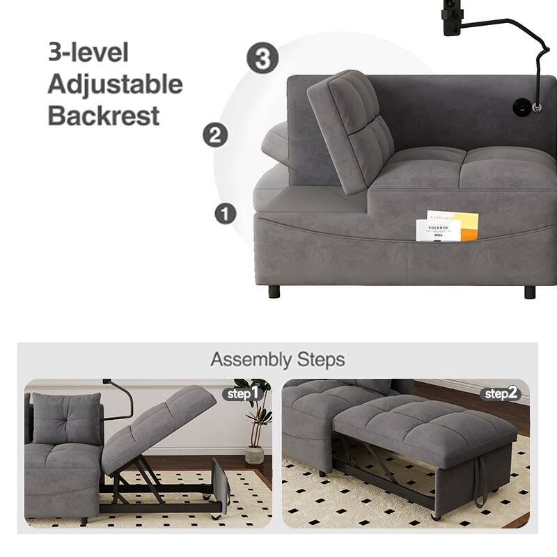 Velvet Pull-Out Bed Loveseat Sofa, Adjustable Back Tufted Futon Sofa with USB port and swivel Phone Stand, Pockets