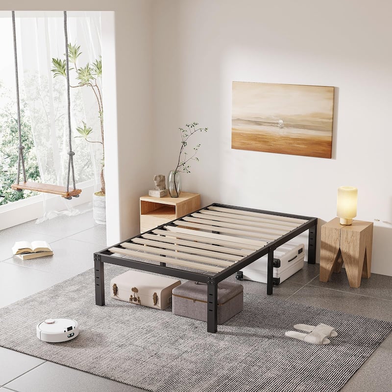 16 Inch Black Metal Platform Bed Frame With Wood Slats Support - Twin
