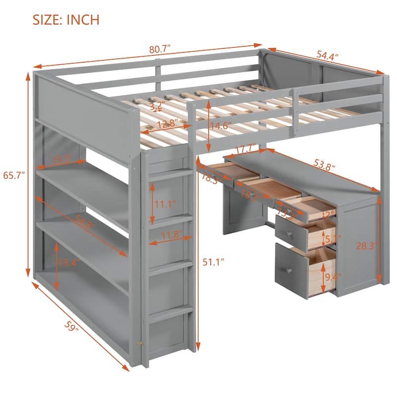 Full Size Loft Bed with Desk, Shelves and Drawers, Space-Saving Multi-Functional Bed Frame with Guardrails and Ladder