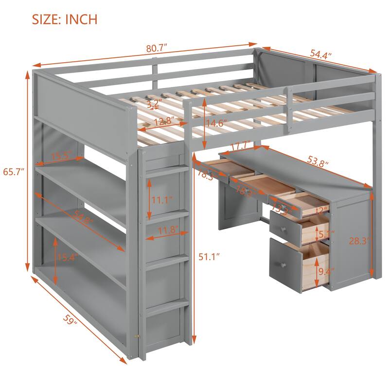 Full/Twin Size Loft Bed with Ladder, Desk, Shelves, and Drawers, Solid Wood Frame for Kids or Teens