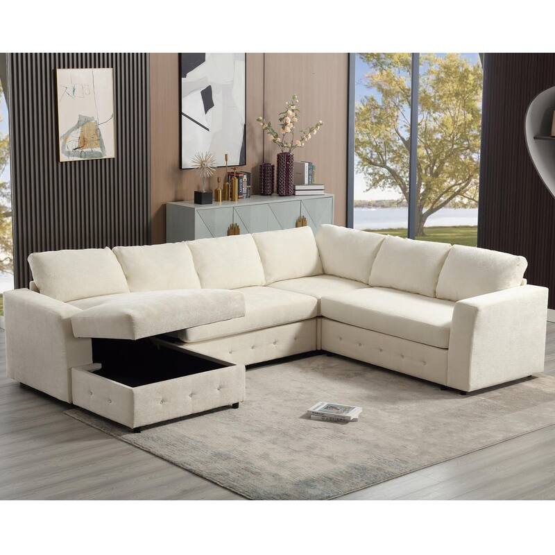110.75" Sectional Sofa, Modular U Shaped Couch with Storage, Chenille, Beige
