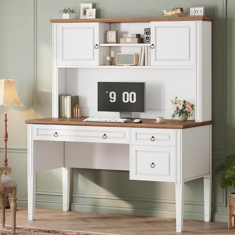 Farmhouse Executive L Shaped Desk Home Office Desk with Drawers and Storage Cabinet & Power Outlet
