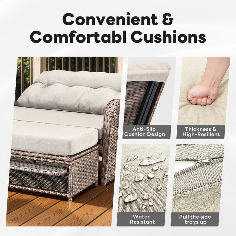 Outdoor Wicker Loveseat Lounge Chair with Ottoman - Brown