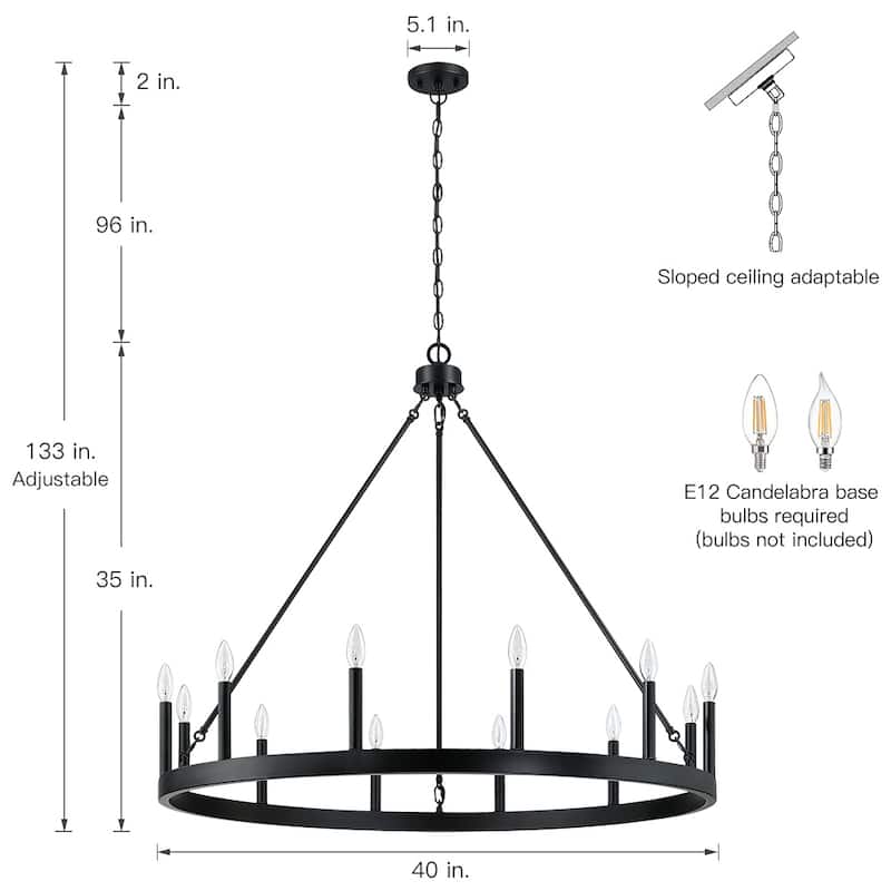 12-Light Black Candle Style Wagon Wheel Chandelier - 12 light-40"W