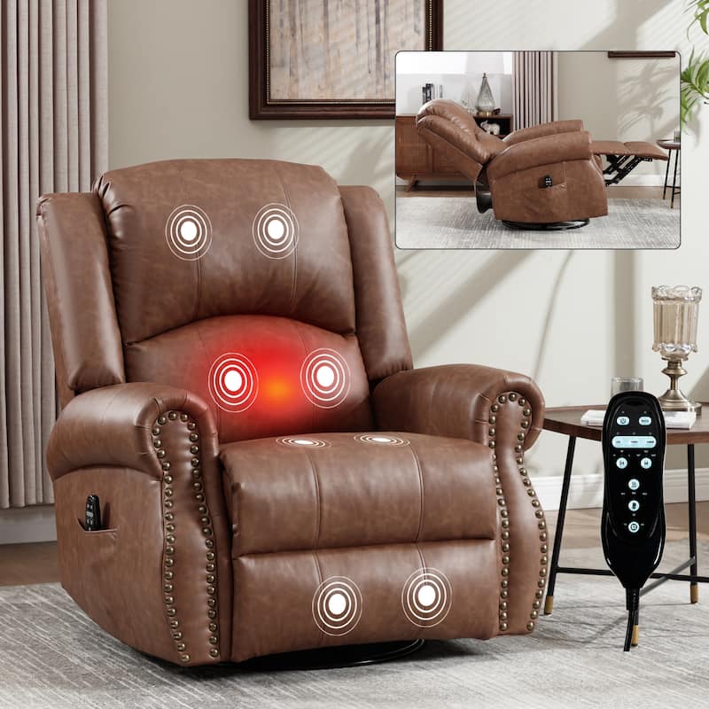 Manual Recliner Chair with Heat & Massage, Ergonomic Lounge Sofa Chair, Swivel Recliner Chair with Side Pocket - Yellow Brown