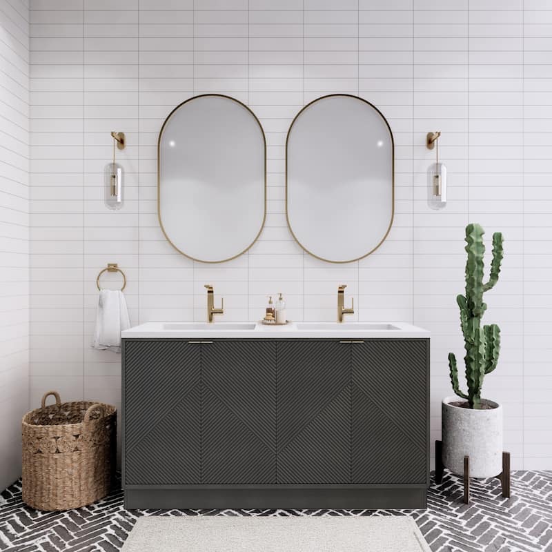 Milano 60" Freestanding Bathroom Vanity with Double White Acrylic Sink - 59.06" x 19.49" x 35.46'' - Black