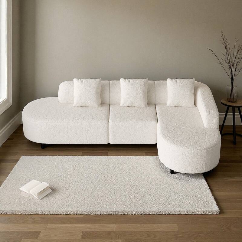 111.8" Curved L-Shaped Modular Sofa with Lychee-Textured Long-Pile Polyester Fabric and 3 Pillows for Living Room