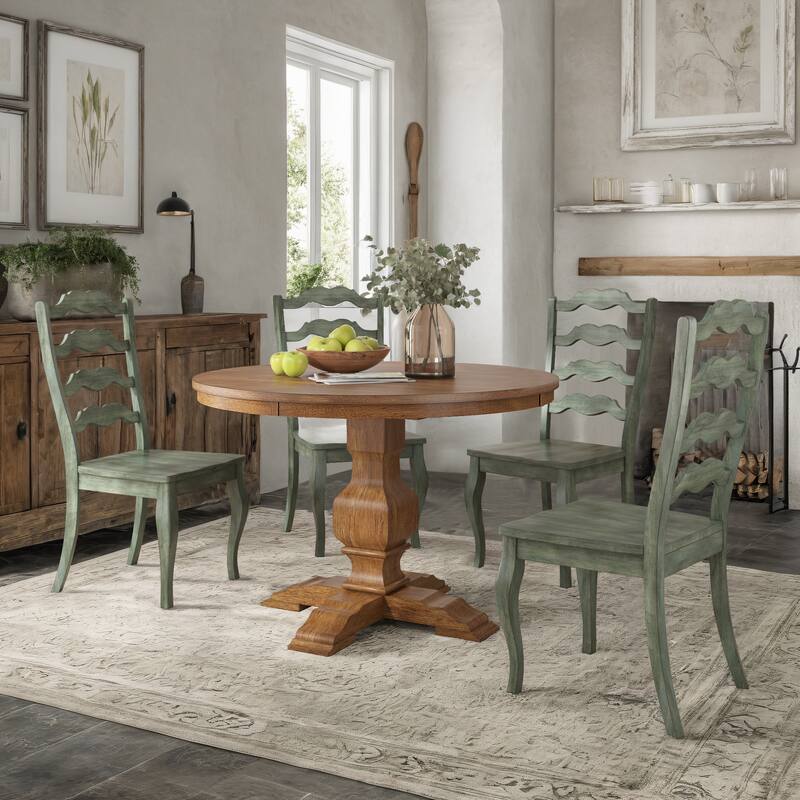 Ronda 45" Round Solid Wood Top Dining Set with French Ladder Back Chairs - Oak Table - Antique Sage Green Chairs