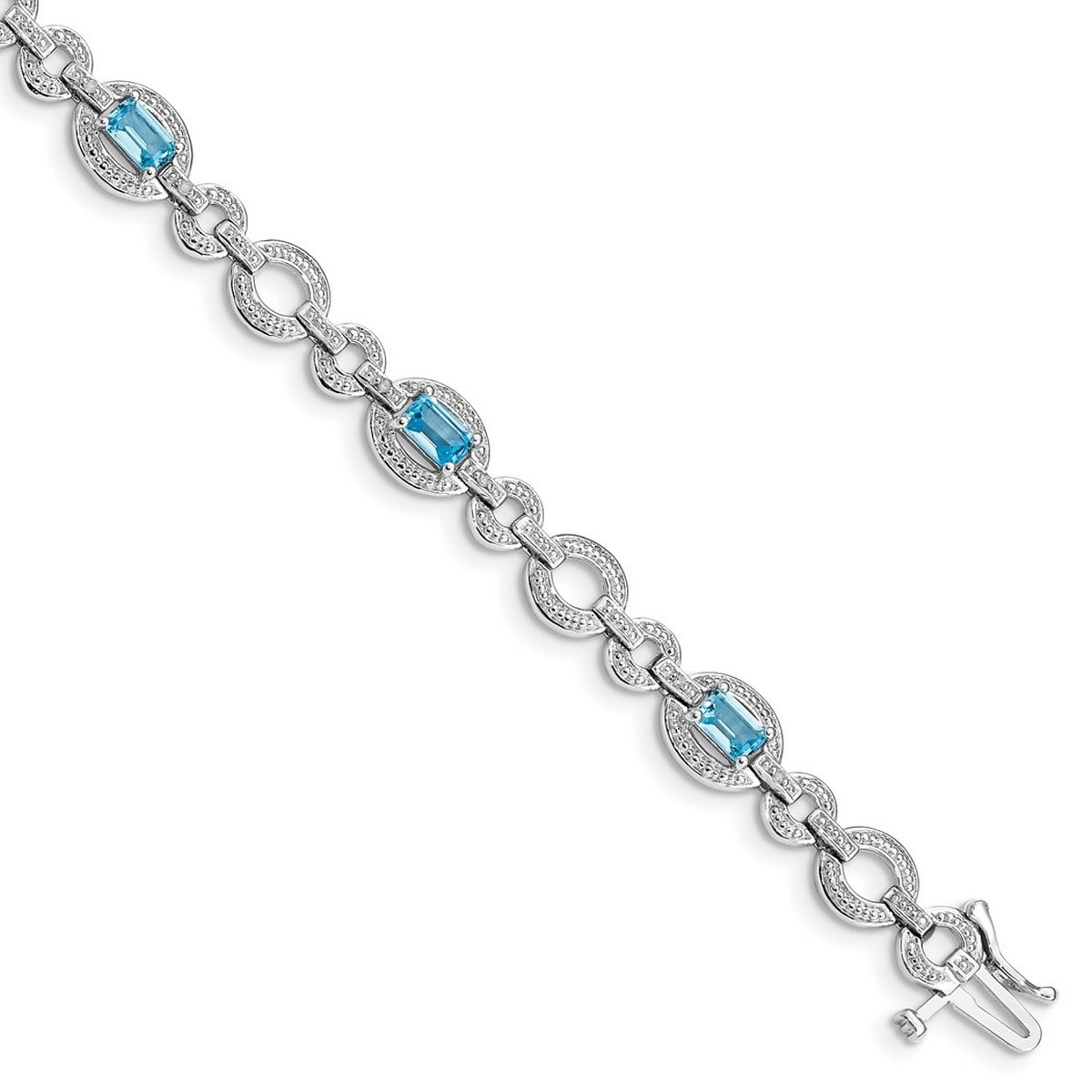 Curata 925 Sterling Silver Textured Polished Box Catch Closure Diamond and Lt Swiss Blue Topaz Oval Link Bracelet