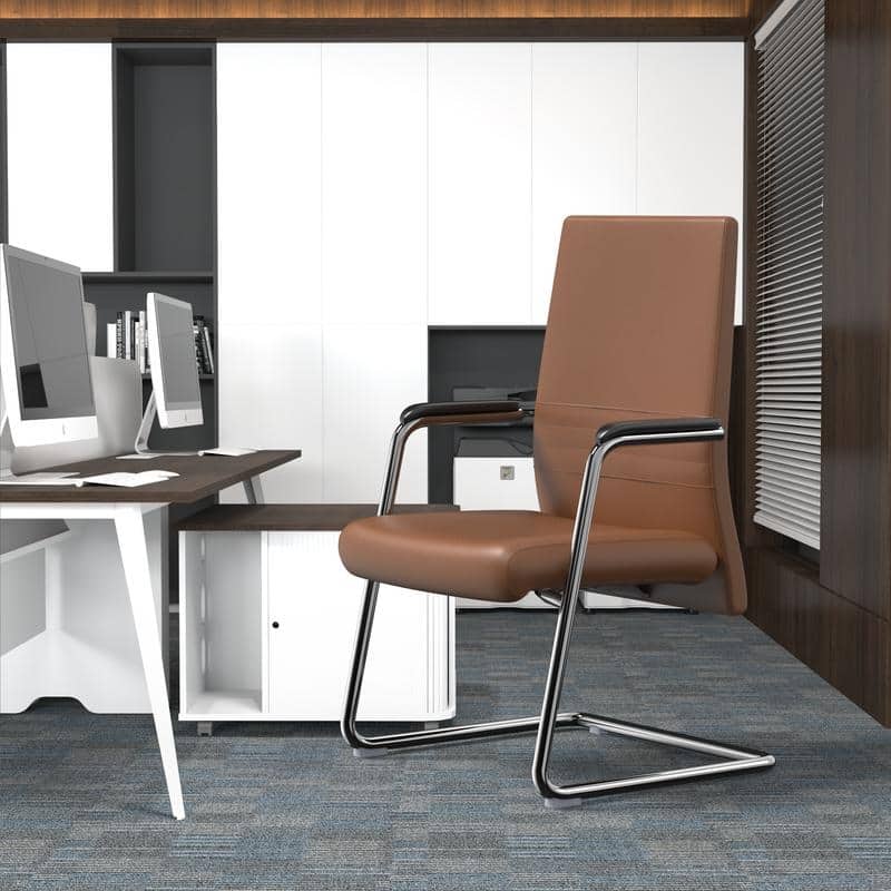 Aleen Leather Office Chair with Fixed Armrests, Upholstered, High Back, Iron Frame, and Easy Assembly for Home or Work Office