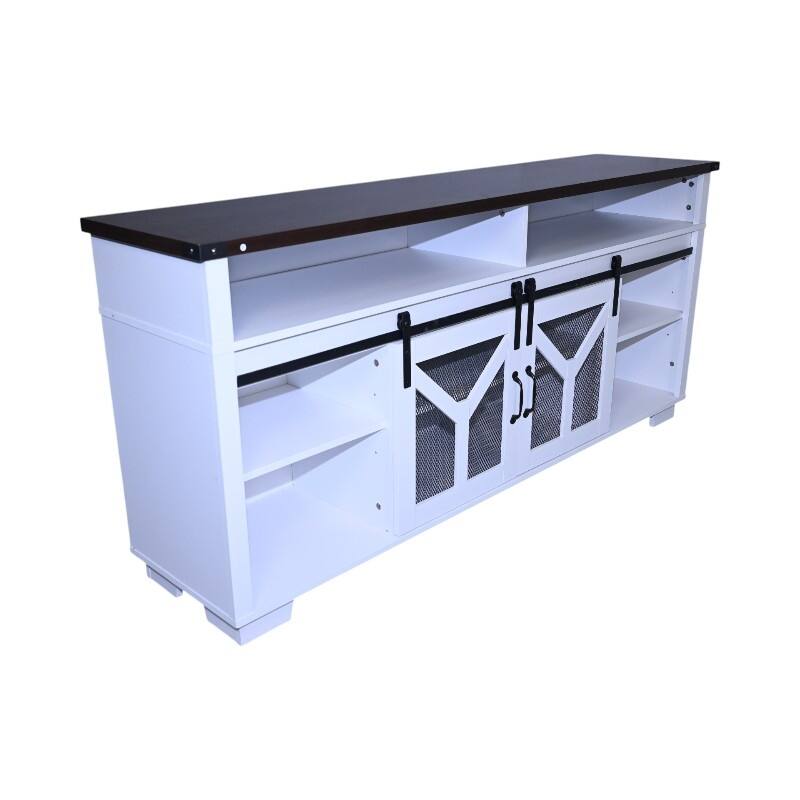 Country Style TV Stand LED TV Stand with Lron Mesh Barn Door and Y Decorative Strip, for Living Rooms, White+Walnut