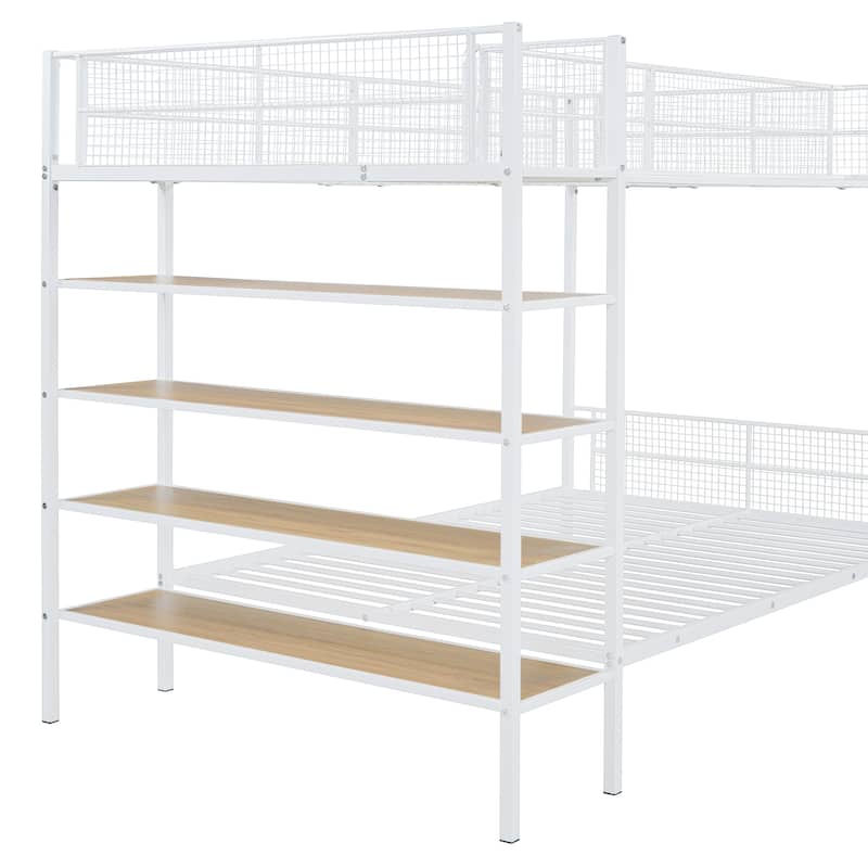 Full Size Over Twin Bunk Bed Metal Storage Bunk Bed with 5-Tier Shelves