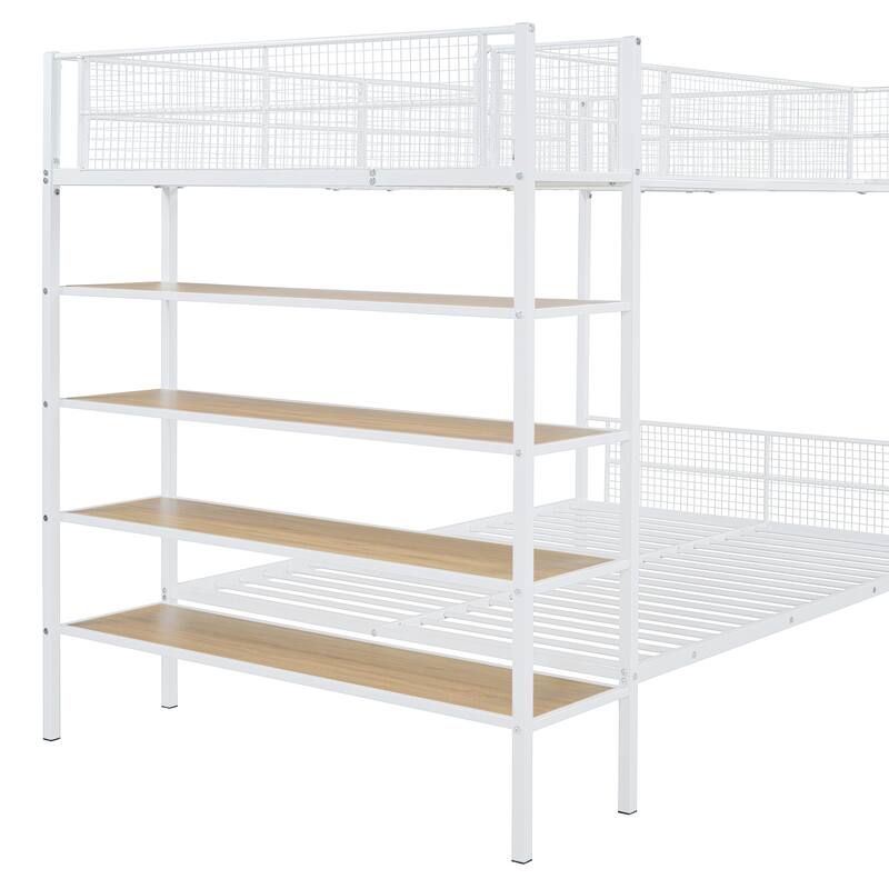 White Twin Over Full Metal Bunk Bed with 5-Tier Shelves