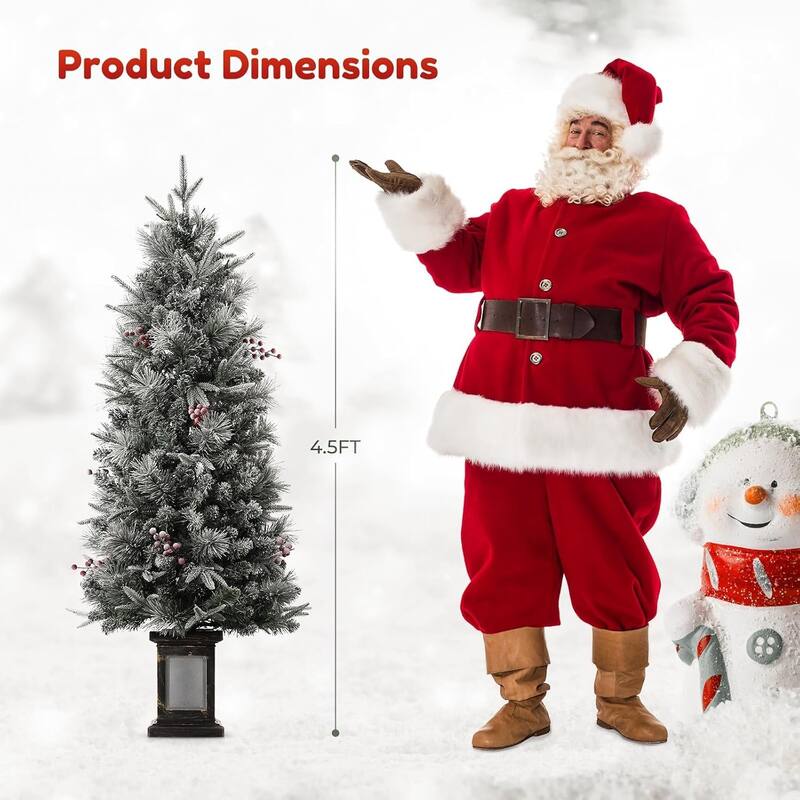 4.5 Ft Artificial Christmas Tree with 200 Warm White LED Lights and Red Berries Potted Base Holiday Xmas Tree