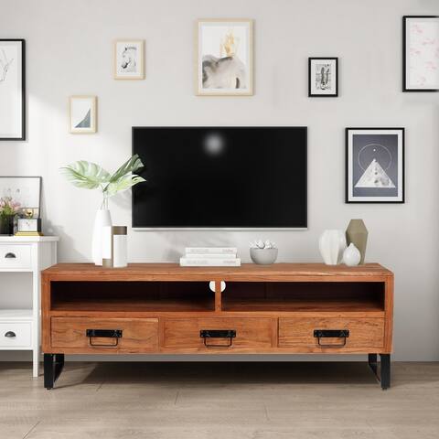 ExBrite Solid Wood Media Console 3 Drawers & Metal Legs for TV Table Bench Stand