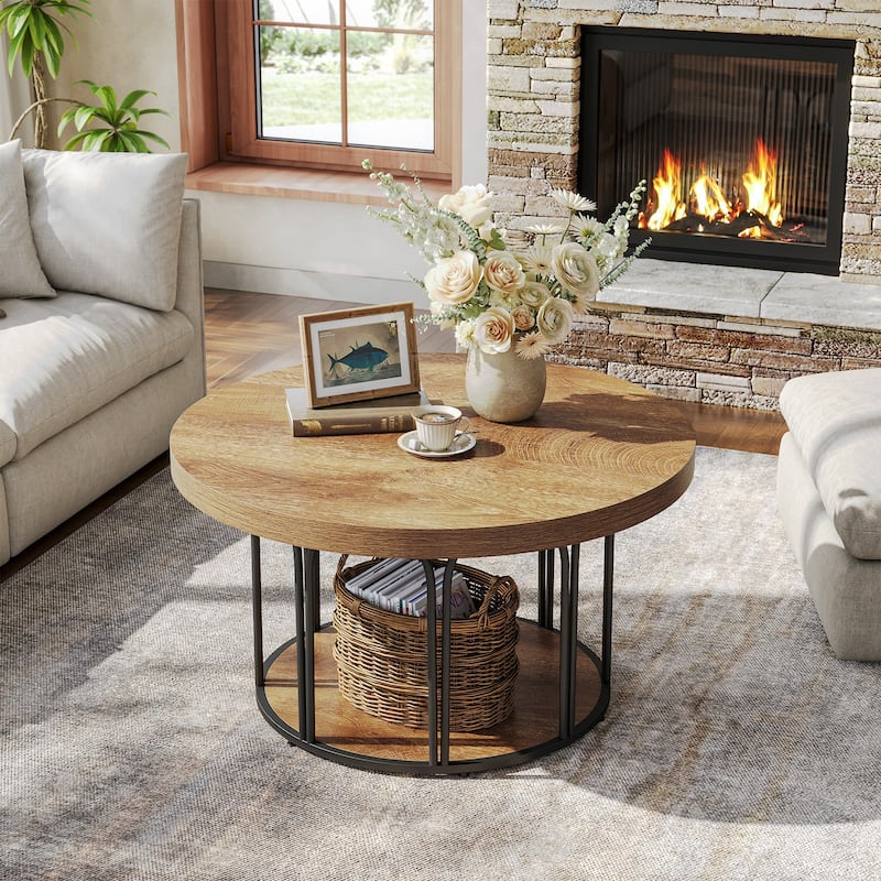 Round Coffee Table, Center Table with Open Storage, Living Room Home Decor Accent Tea Table - Brown+Black