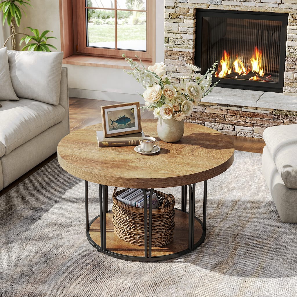 Round Coffee Table, Center Table with Open Storage, Living Room Home Decor Accent Tea Table