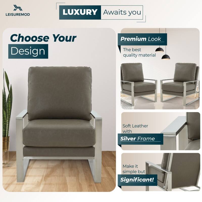 Jefferson Contemporary Leather Accent Armchair with Silver or Gold Frame, Removable Cushions, and Durable Spring-Supported Seat