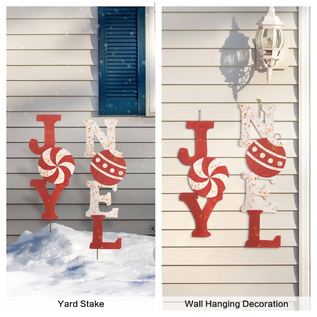 Glitzhome 36"H Christmas Rusty Metal JOY & NOEL Sign Yard Stakes Garden Decor (Two Functions)