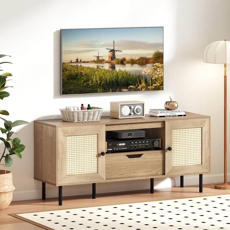 Costway Boho TV Stand for 60 Inch TV with Cabinets, Storage Shelf, - See Details