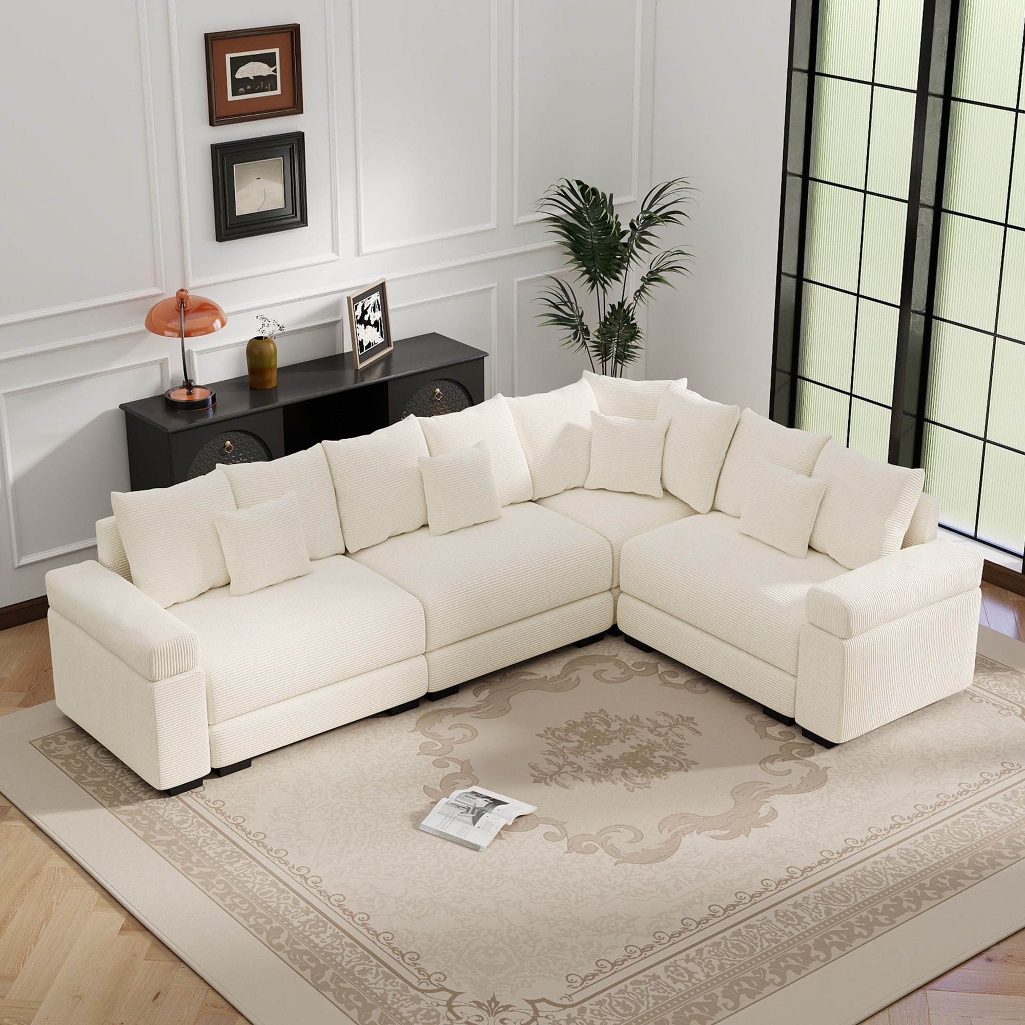 GDFStudio - Corduroy L-Shaped 4-Seater 116.9" Cloud Modular Sectional Couch