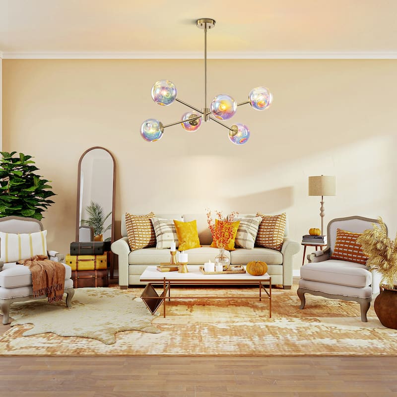 6-Light Modern Brass Iridescent Rainbow Glass Sputnik Chandelier for Dining Room - 6 Light