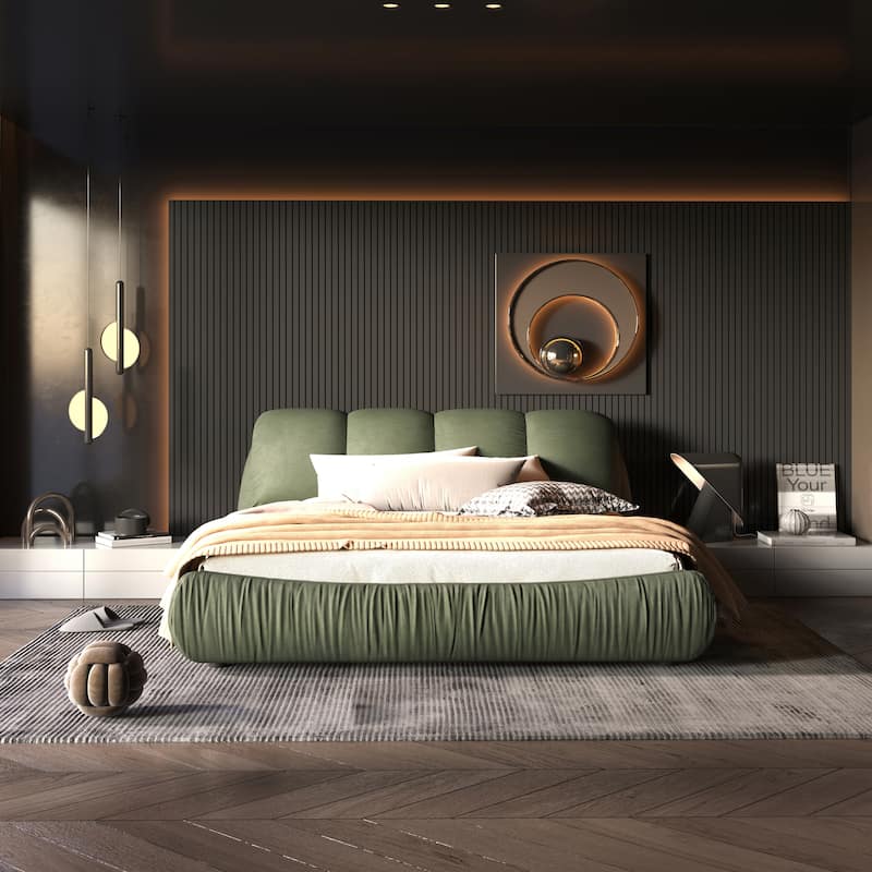 King Size Upholstered Platform Bed with Oversized Padded Backrest - Green