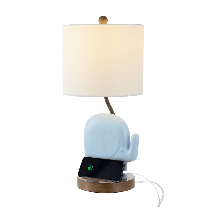 Campana 20.25" Bohemian Designer Iron/Resin Elephant LED Kids Table Lamp with Phone Stand and USB Charging Port, by JONATHAN Y - Blue
