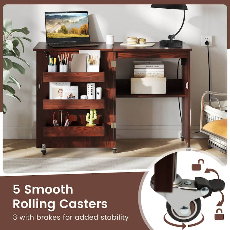 Costway Folding Sewing Table Rolling Craft Station with 3 Storage Bins - See Details