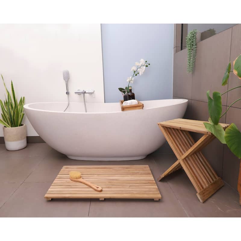Nordic Style Natural Teak Folding Stool with Horizontal Slats - Beige