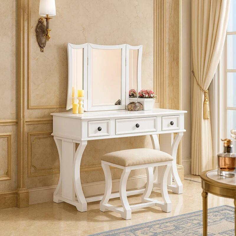Modish Vanity Set Featuring Stool And Mirror White