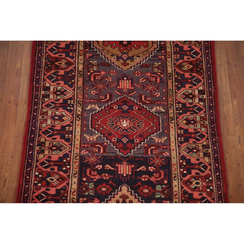 Hand Knotted Oriental 100% Wool Carpet Traditional Tribal Navy Blue & Blues Hamedan Runner Rug - 10' 9'' X 3' 6''
