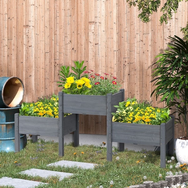 slide 2 of 18, Outsunny 73" x 18" x 32" 3 Tier Raised Garden Bed w/ Three Elevated Planter Box, Freestanding Wooden Plant Stand Grey