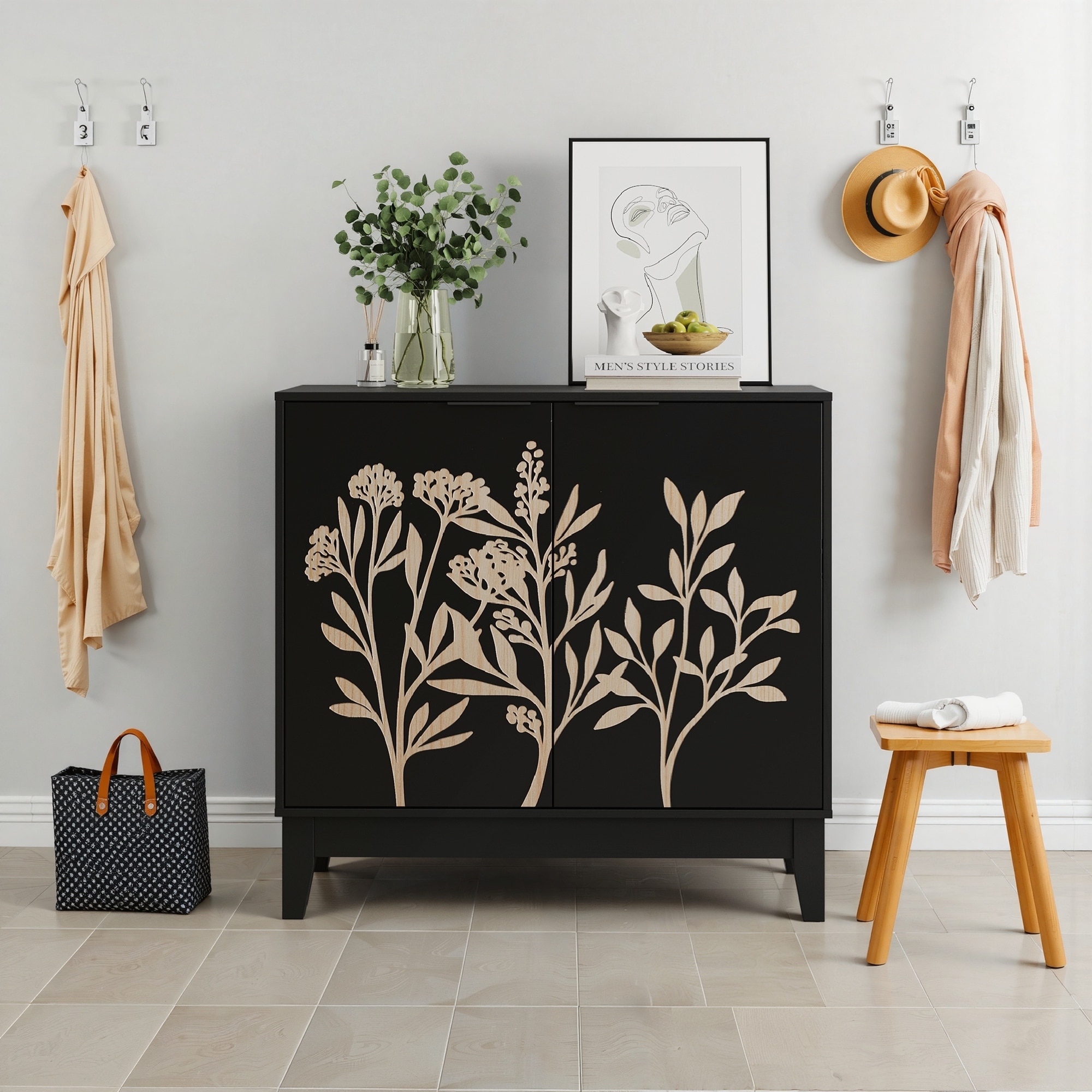 31.5 Inch Vintage Carved Buffet Cabinet with 2 Doors and Adjustable Shelves