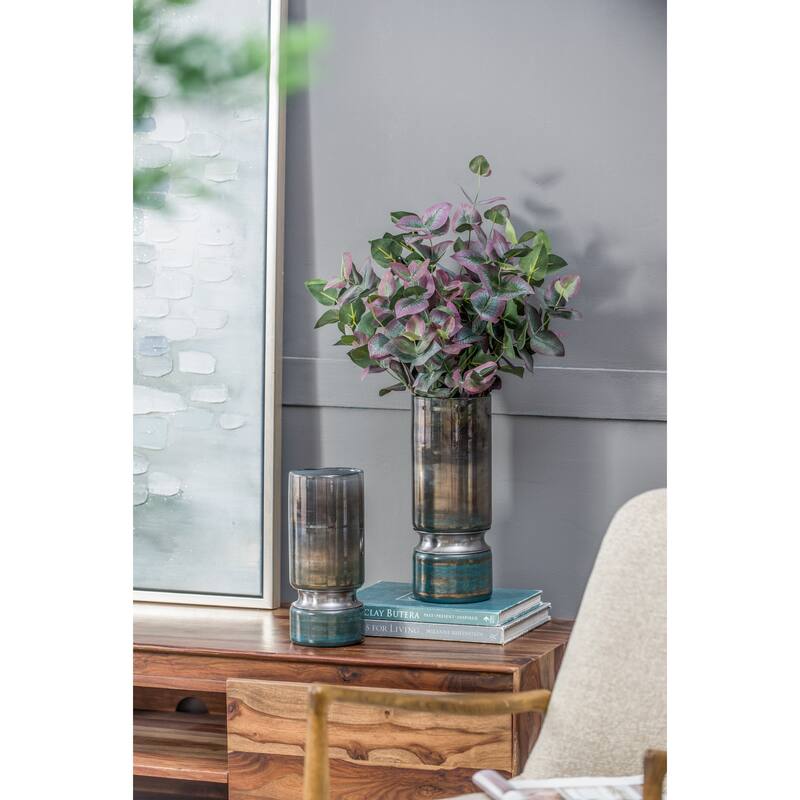 D4.7x10.6" Smokey Blue Glass Vase with Chrome Accent Modern Home Decor