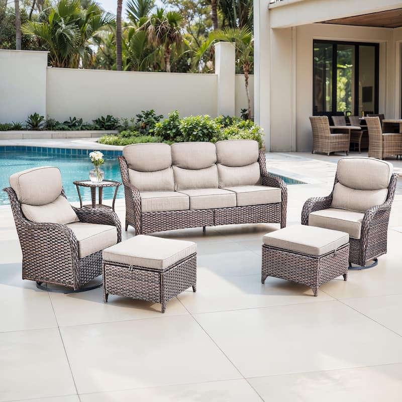 Gymojoy 6-Piece Patio Furniture Set with Swivel Glider Chairs, 6-Inch Ultra-Plush Cushions & Water-Resistant Olefin Fabric - Brown Wicker / Beige Cusion - 6-Piece