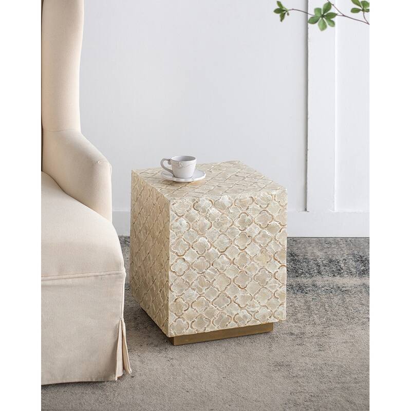 14x14x18" Square Capiz Stool, Cream