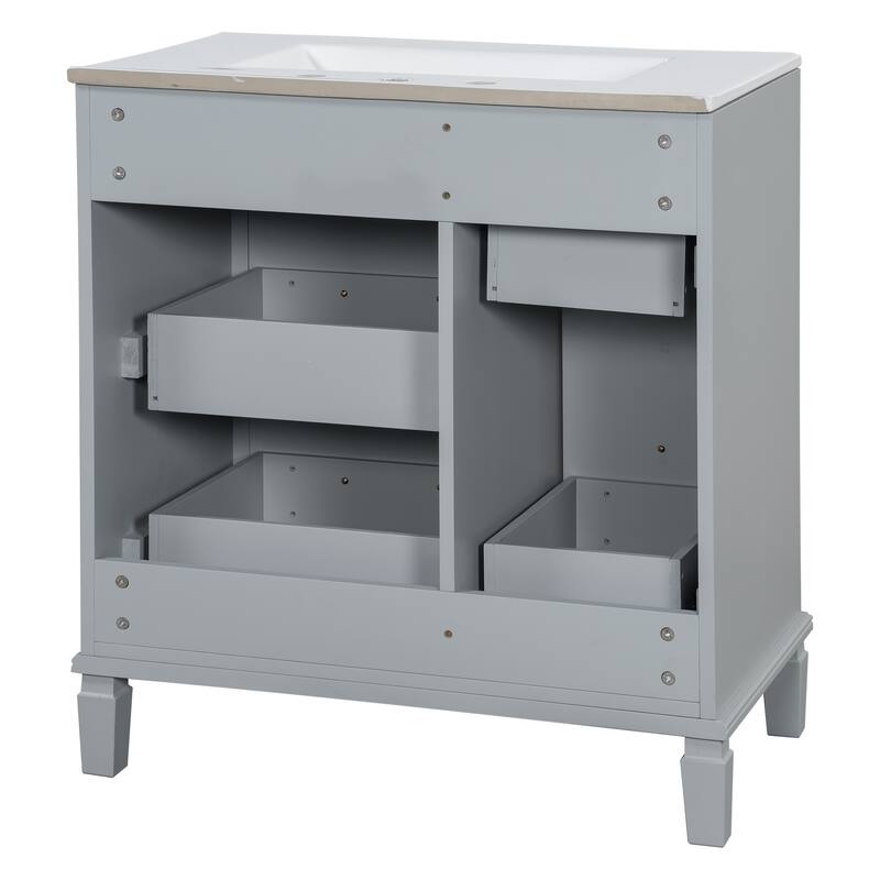 30" Bathroom Vanity with Ceramic Sink, Flip-Out Drawer, Soft Close Doors & Drawers Cabinet with Solid Wood Legs