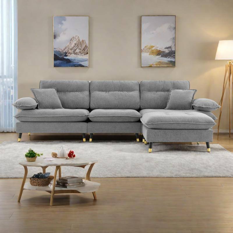 106" L-Shaped Chenille Sectional Sofa, 4-Seater with Ottoman and Adjustable Legs - Gray
