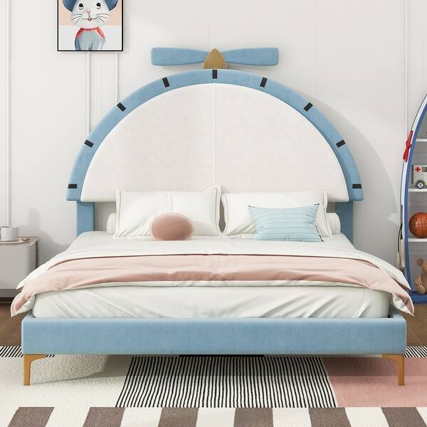 slide 2 of 8, Twin Size Upholstered Platform Bed Frame with Alarm Clock Shaped Headboard Blue
