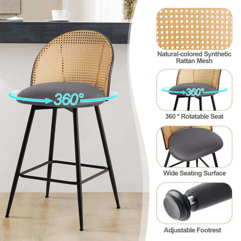 26-Inch Swivel Counter Height Bar Stools with Rattan Back - 36"H x 18.5"W x 19.7"D