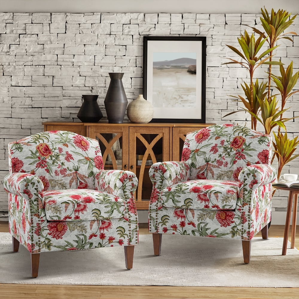 Giampiero 31" Farmhouse Living Room Floral Armchair with Nailhead Trims Set of 2 by HULALA HOME
