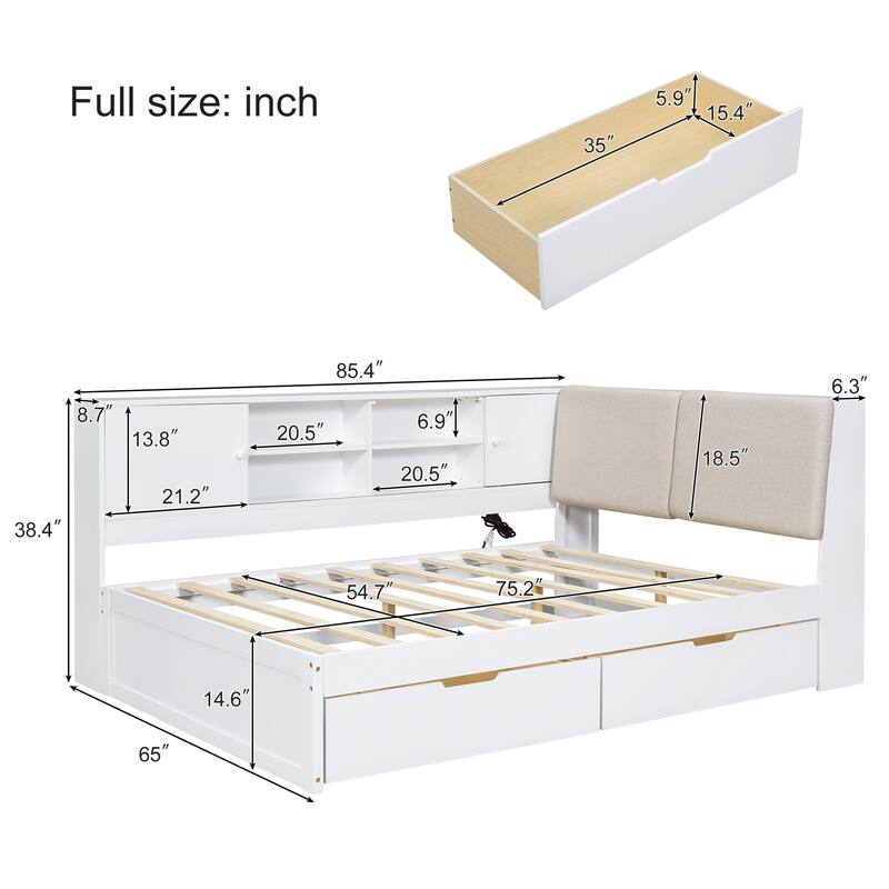 L-Shaped Daybed with Bookcase & USB Charging Port, Wood Floor Corner Bed Frame with Storage Drawers & Upholstered Headboard