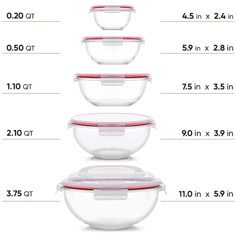 JoyFul Glass Mixing Bowl Set with Airtight Lids - Set of 5 - 6 oz, 16.5 oz , 33.5 oz, 67.5 oz , 118 oz