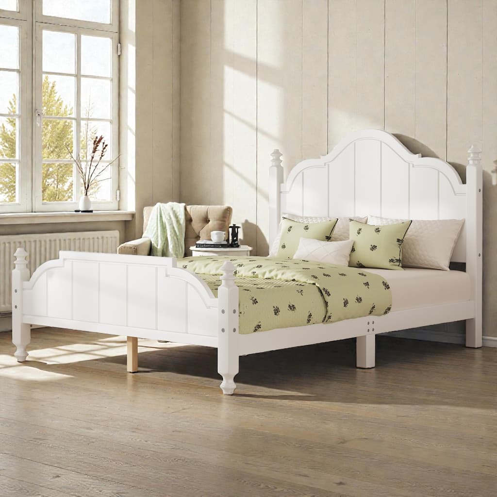 Full/Queen Wooden Platform Bed Frame with Wide Headboard, Slat Support, Vintage Style, No Box Spring Needed