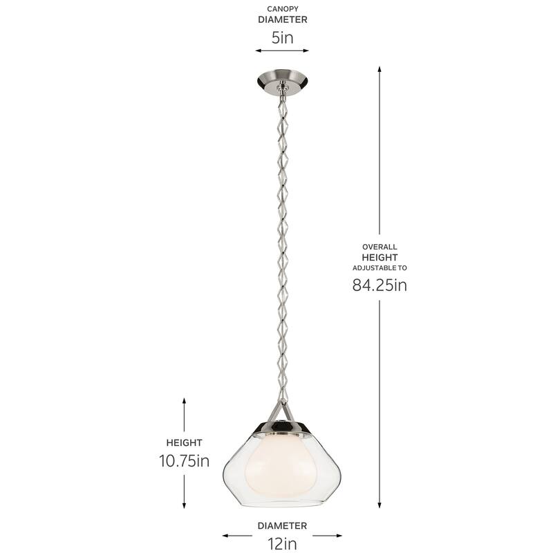 Kichler Lighting Nella 12 Inch 1 Light Pendant with Clear Outer Glass with Opal Interior Glass in Polished Nickel